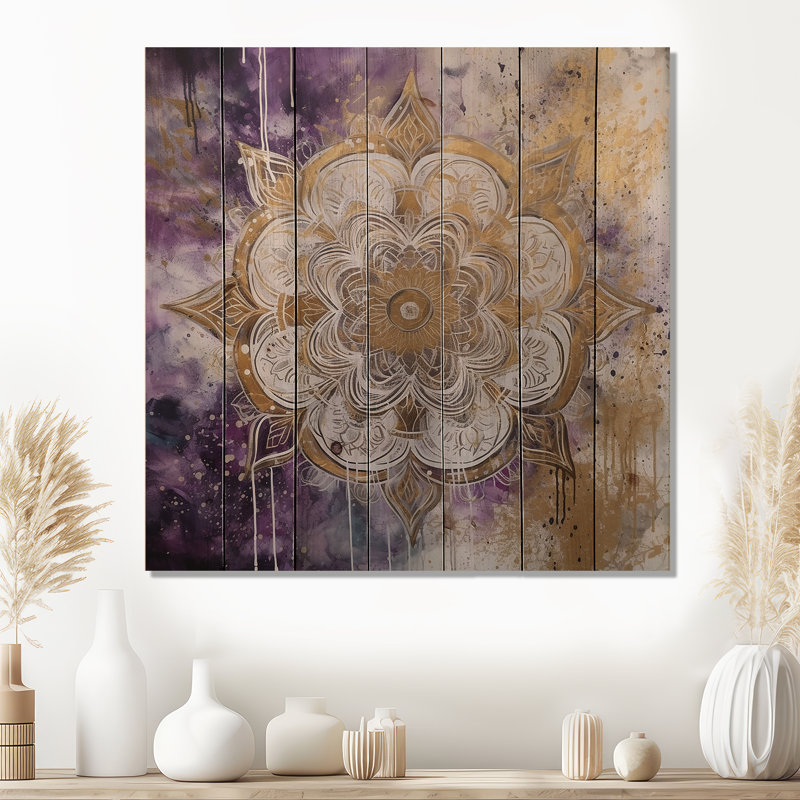 Eldan - Mandala mauve et doré I sur bois, H 35 po x l 35 po x P 0,78 po