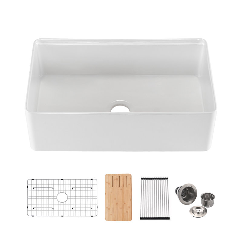 Évier de cuisine 33 po à tablier simple en argile réfractaire simple avec accessoires