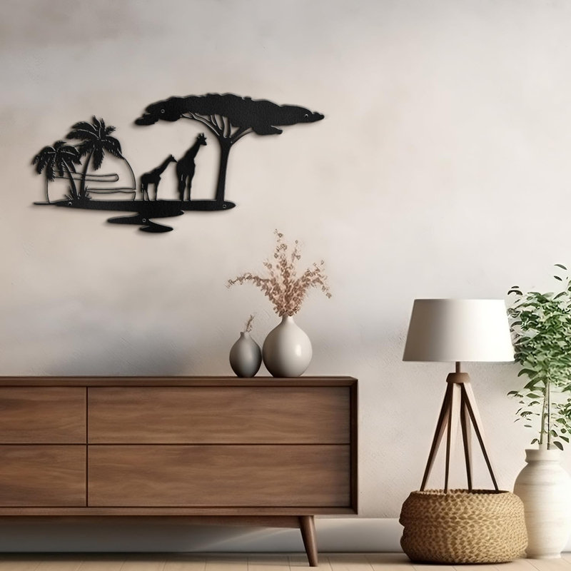Arbres et girafes au coucher du soleil, H 11,52 po x l 24 po x P 0,05 po, Noir