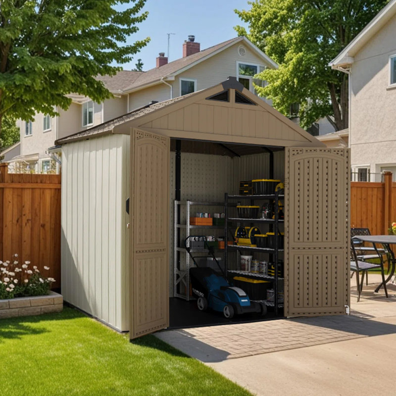 8 Ft. W Resin Storage Shed, Brown, 95"H x 91"W x 66"D