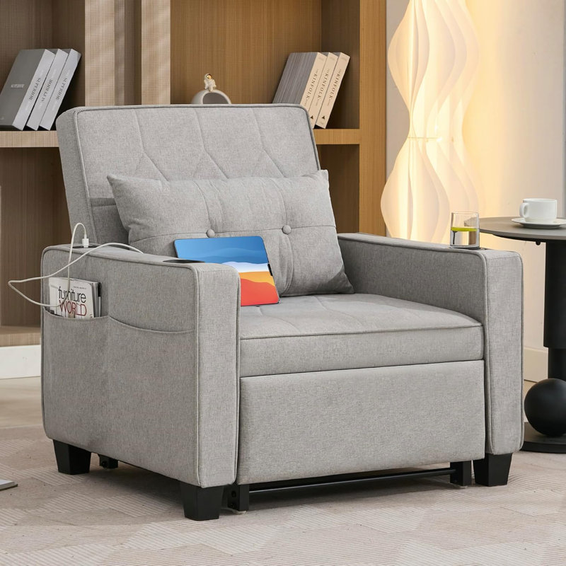 Fauteuil convertible convertible 3-en-1 avec futon et canapé-lit avec USB, Gris / polyester