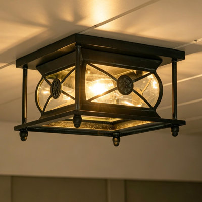 Plafonnier encastré noir à 2 lumières pour l'intérieur et l'extérieur, avec verre transparent