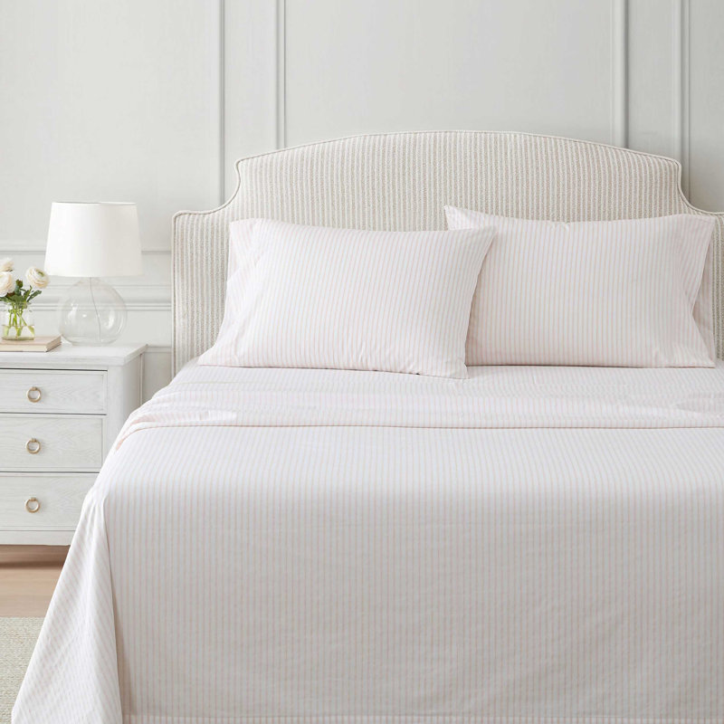 Martha Stewart Cotton Percale  Sheet Set, Queen Sheet Set with 2 Pillowcases, Ticking Stripe Pink