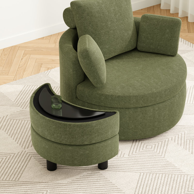Fauteuil demi-tonneau rond pivotant surdimensionné avec repose-pieds demi-lune et double rangement, Vert
