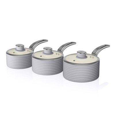 Swan Retro Induction Saucepan Set With Glass Lids, Non Stick Ceramic Coating, Easy to Clean, 3 Piece, 16/18/20 cm