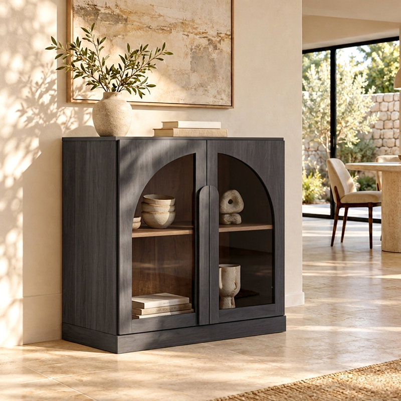 Buffet arqué avec portes et tablette en verre, ébène, Ébène