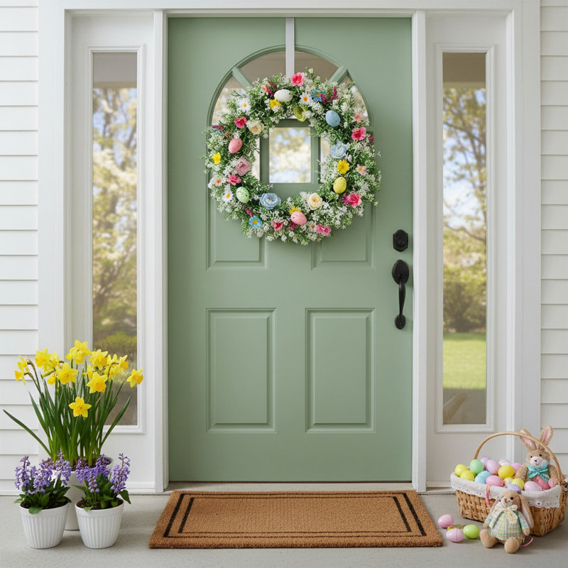 Couronne de Pâques 45CM avec fausses fleurs sauvages et œufs colorés - couronne florale artificielle pour porte, mur, fenêtre, décoration de vacances