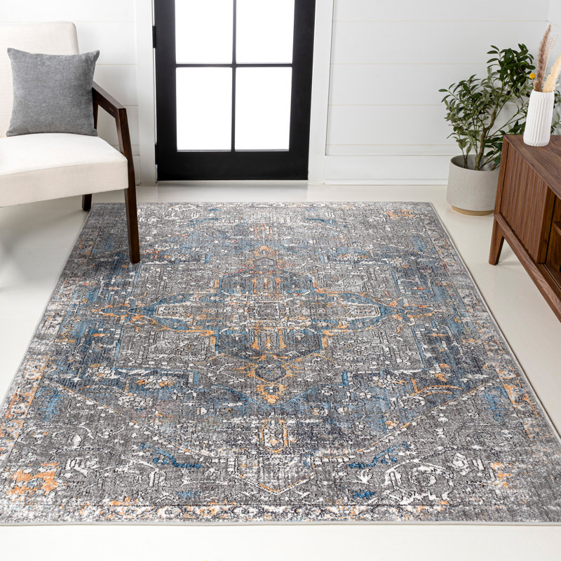 Tapis gris / moutarde / turquoise Stitt Vintage Medallion, Rectangle 5 pi 3 po x 7 pi 7 po