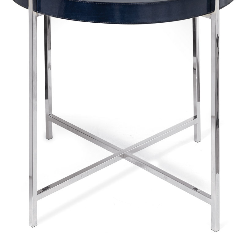 Round Blue Leather Tray Table with Polished Nickel Frame