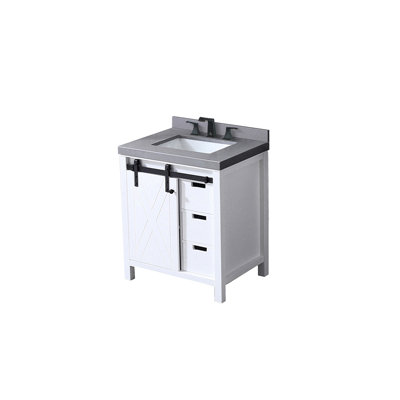 30 po L x P 22 po. Meuble-lavabo blanc avec comptoir en quartz gris et robinet inclus - Scratch - Portes à fermeture en douceur de la surface