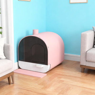 Pink Plastic Cat Litter Box With Entrance Mat And Filter - Private Space For Kittens Small Cats, Removable Tray Easy Maintenance, To Stop Smells, Attached Side, Hut Shape Decor, Assembly Needed Lid