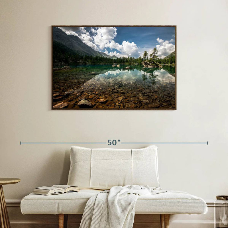 Paysage de lac tranquille, Cadre flottant en noyer, 40 po x 27 po