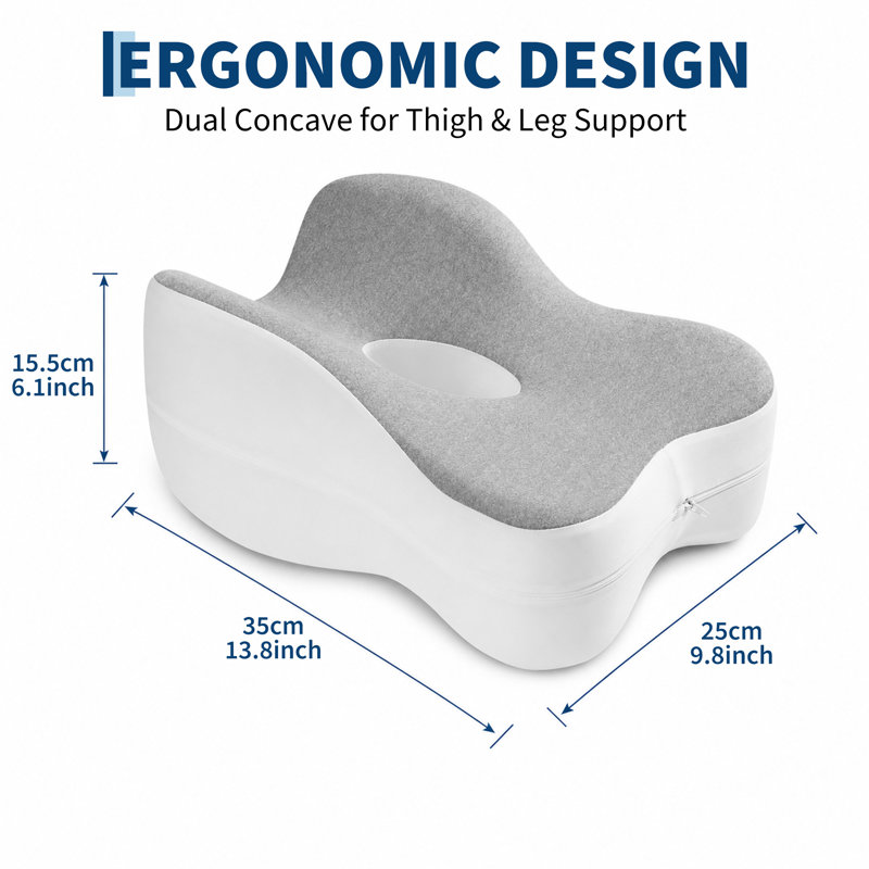 Oreiller ergonomique doublement concave en mousse à mémoire de forme pour les jambes, 1 coussin de soutien avec housse en tissu cationique et doublure intérieure respirante, soulage la pression sur les hanches et les genoux pour un sommeil réparateur, gris, 35 x 25 x 15,5 cm