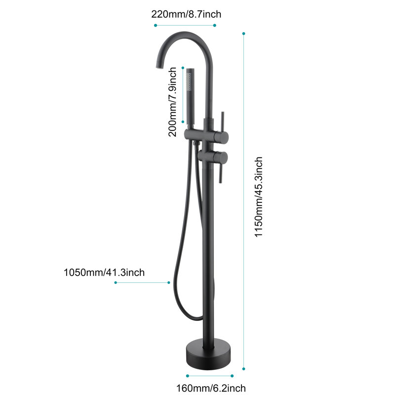 Freestanding Tub Filler Matte Black With Handheld Shower And 360 Degree Rotatable Holder, Stainless Steel, Floor Mounted Spout Head,