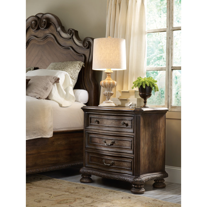 Traditional Walnut 3-Drawer Nightstand with Carved Details