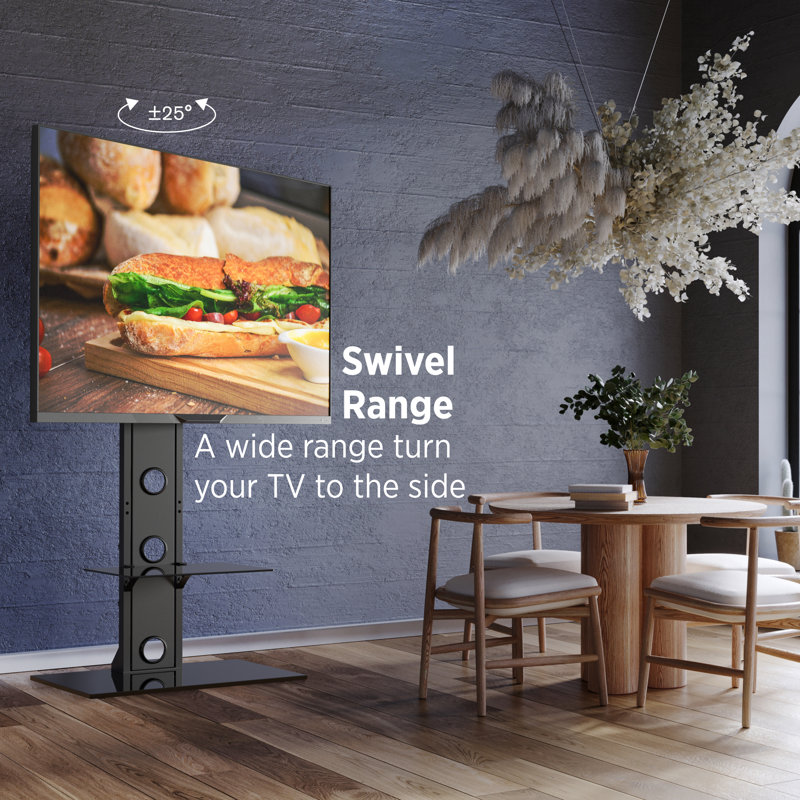 Black Metal Swivel TV Stand with Tempered Glass Shelves