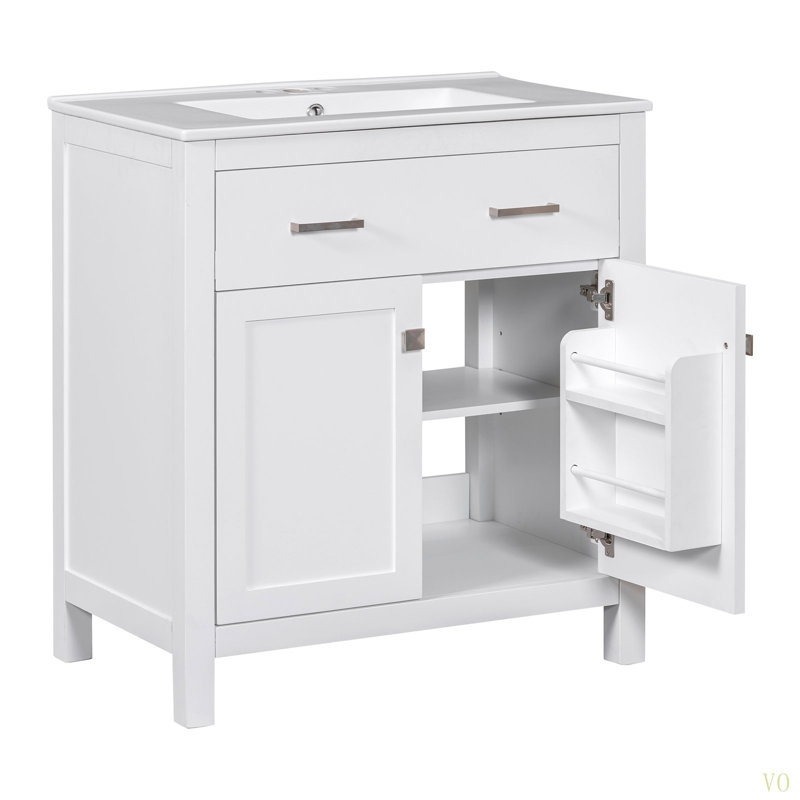 Meuble-lavabo de 30 pouces avec lavabo en céramique, armoire de salle de bain simple moderne avec 2 portes et une tablette, portes à fermeture en douceur