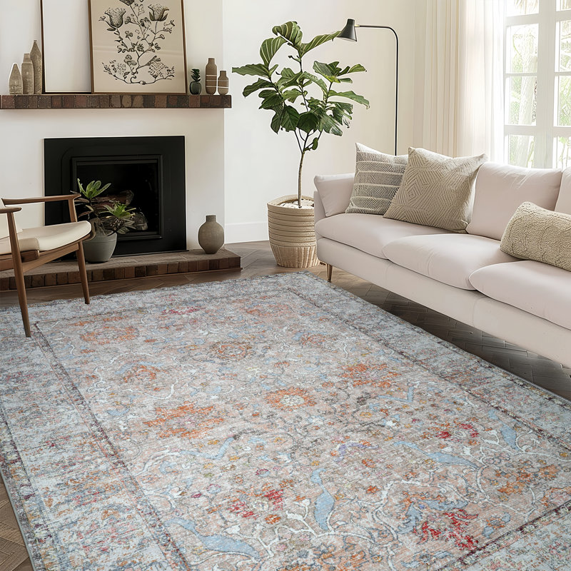 Washable Area Rug 8'X10', Ultra Soft With Non-Slip Backing & Durable Edge Binding, Vintage Large Carpets For Living Room, Bedroom, Dining Room