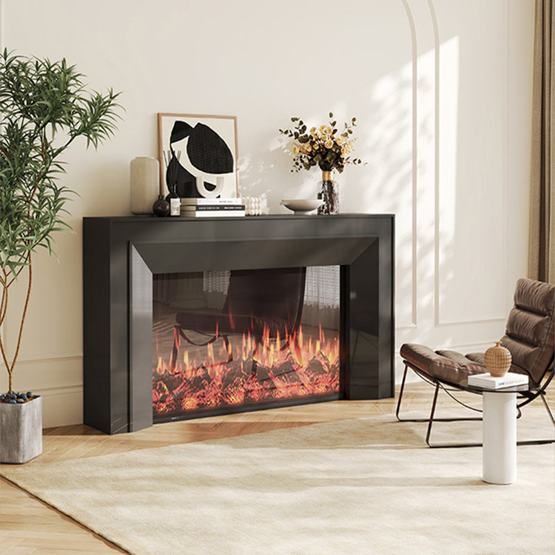 French creamy style simulated fire decorative electric fireplace, 39.37" H x 59.06" W x 12.6" D, Black