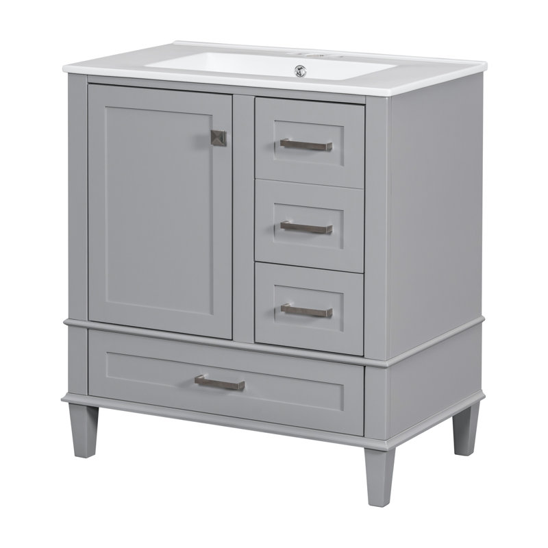Meuble-lavabo de 30 po en gris, armoire en bois massif moderne avec lavabo, 3 tiroirs et porte à fermeture en douceur pour meuble-lavabo gris, bois, silencieux