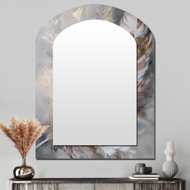 Pink Feather Boho Majesty I - Glam Feather Asymmetrical Unique Mirror, Pink Arch Large Wall Mirror, Printed Metal Art