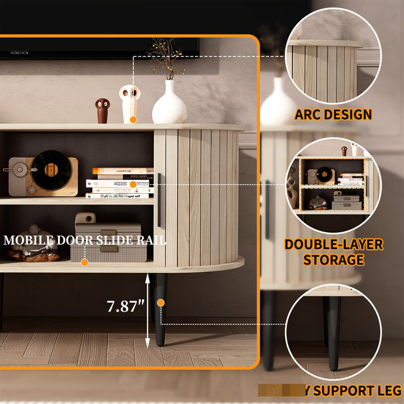 Meuble télé 47 po avec rangement et porte coulissante, idéal pour le salon, la chambre à coucher, le bureau, l'apparence moderne Mid-Century,