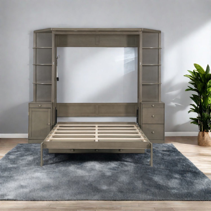 Grand lit escamotable avec bureau, MDF gris, bureau à domicile moderne