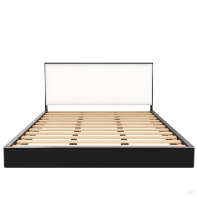 Structure de lit plateforme en bois massif avec tête de lit tapissier bouclée, aucun sommier nécessaire