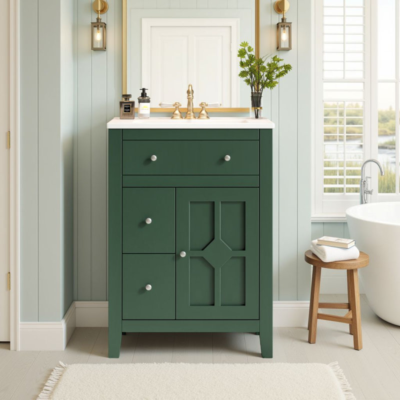 Meuble-lavabo autoportant moderne 24 po avec lavabo en céramique, 2 tiroirs et porte à fermeture en douceur, Vert