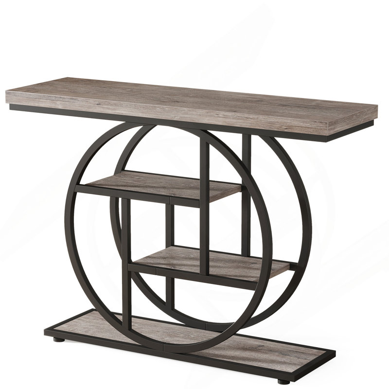 41.3" Industrial Console Table, 4-Tier Grey Sofa Table With Unique Circle Metal Frame & Storage Shelves, Narrow Entryway Accent Table For Living Room, Hallway, Foyer