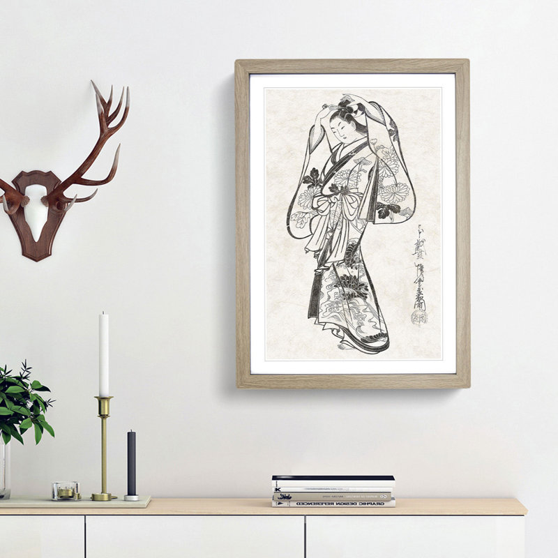 Courtesan Placing a Hairpin in Her Hair by Kaigetsudo Anchi - Picture Frame Painting Print, Oak Framed