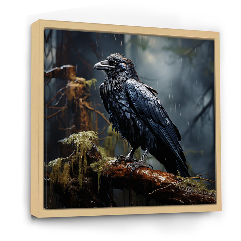«Black Raven forest Guardian I» - art mural grand corbeau, H 36 po x l 36 po x P 1,5 po, Cadre flottant brun