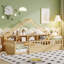 Lit simple en bois avec toit, étagères de rangement et lumière pour enfants, naturel-42570960-42570961