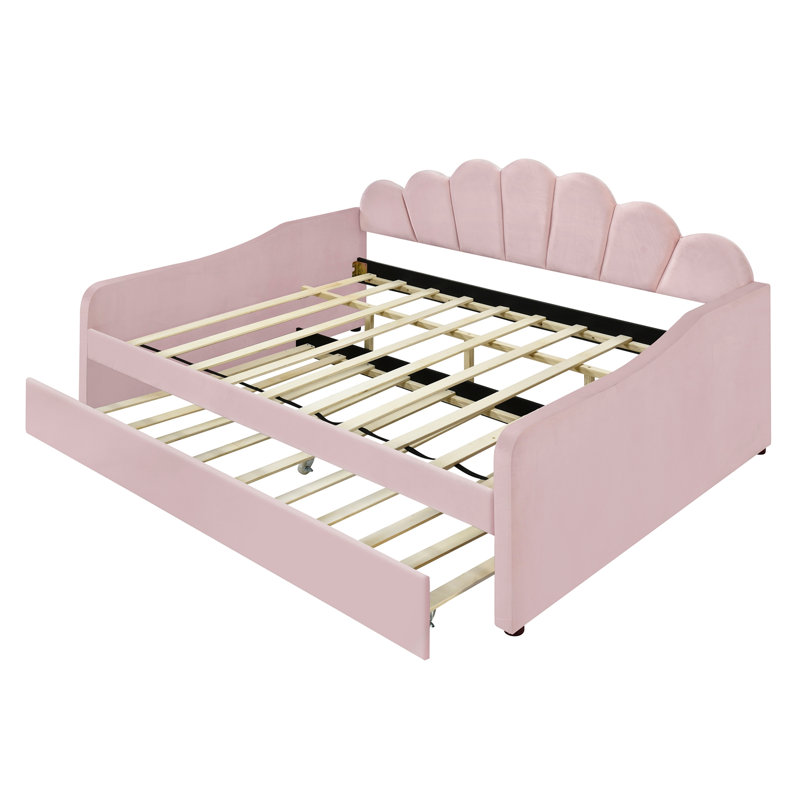 Full Size Upholstery Daybed Frame with Shall Shaped Backrest and Trundle, Pink