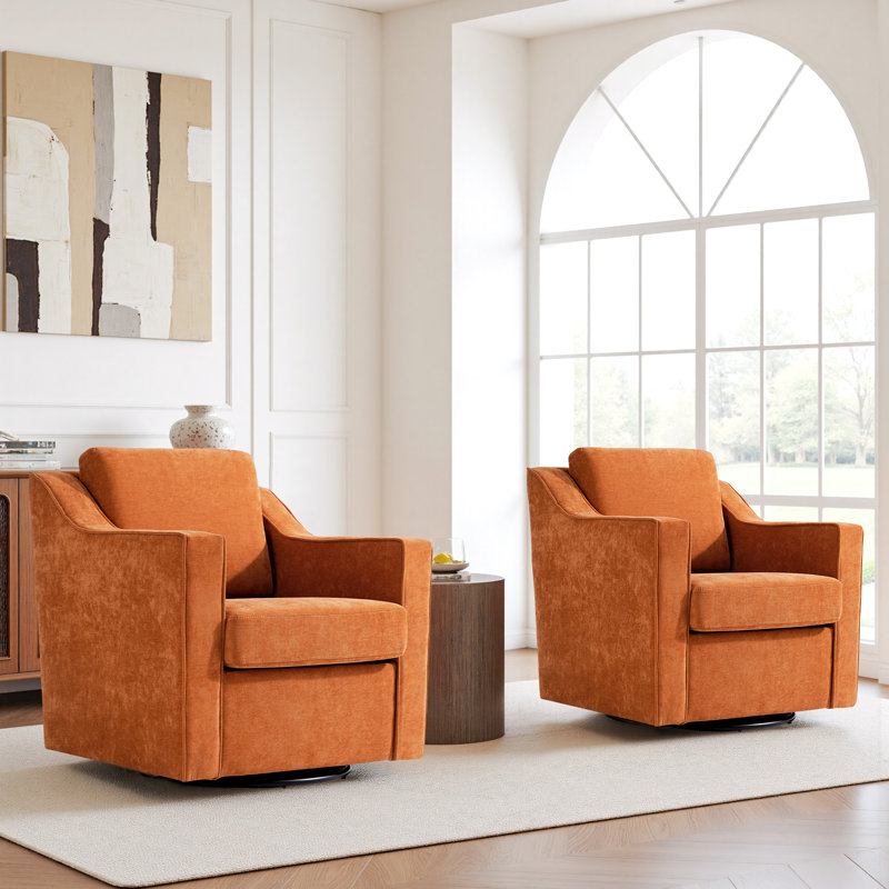 Bronnen Big And Wide Upholstered Orange Cushion Swivel Armchair with Removable Back and Seat Cushion (Set of 2)