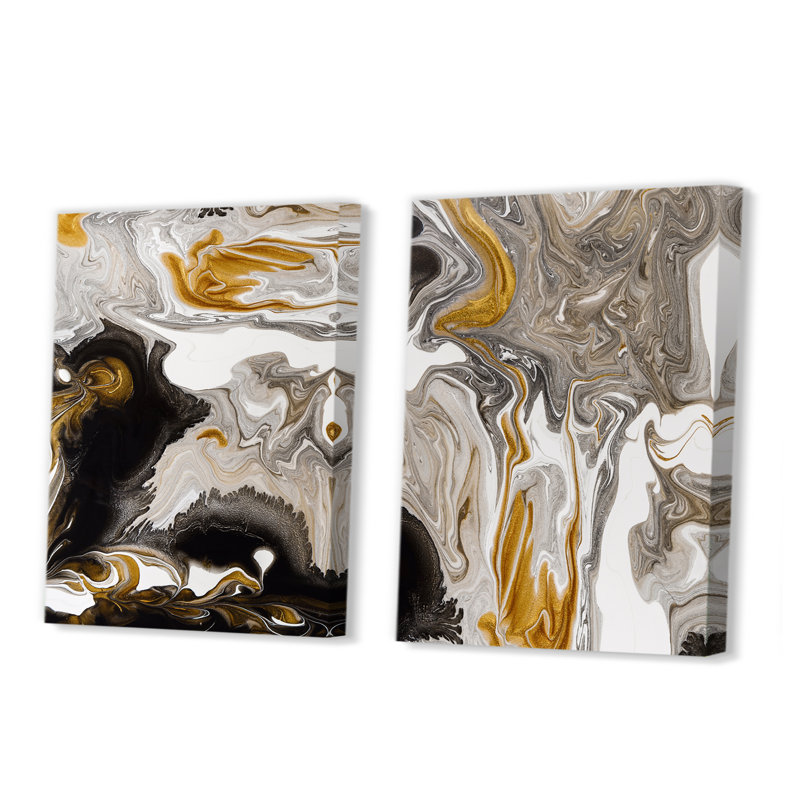 Vagues de marbre doré et noir II - ensemble d'art moderne de 2 pièces, H 40 po x l 60 po x P 1,5 po