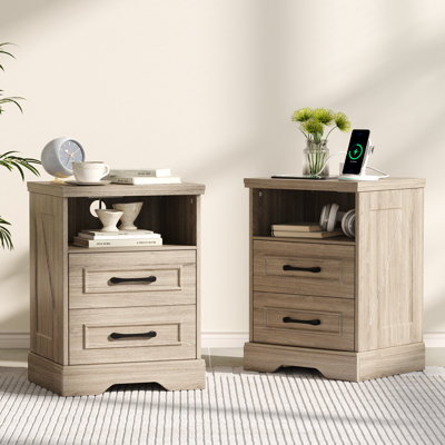 Farmhouse Nightstand With Charging Station, 2 Large Drawers & 2 USB ports with Open Storage