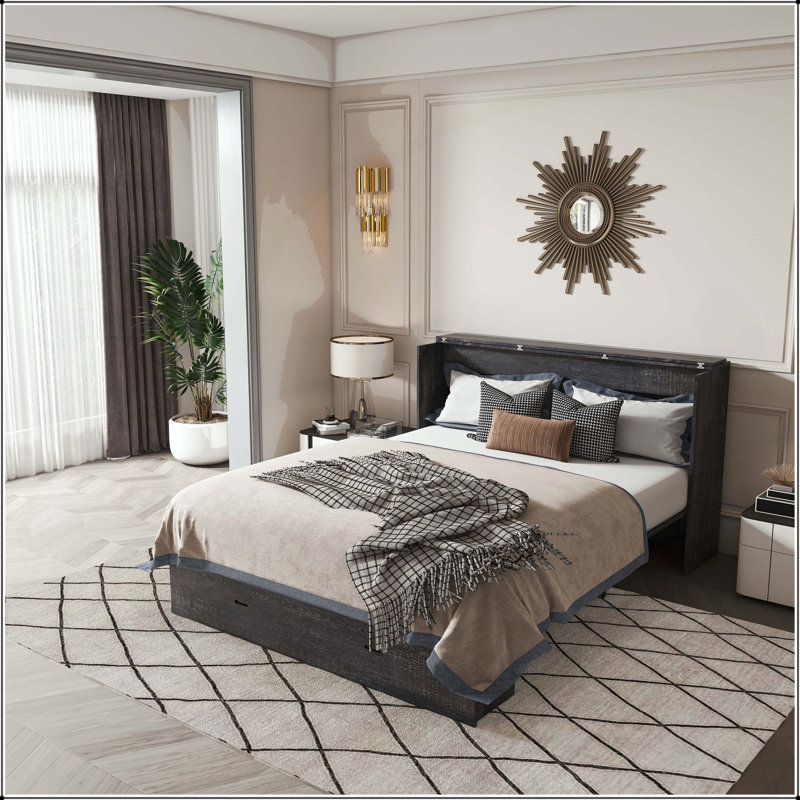 Lit escamotable 57 po avec tiroirs de rangement, armoire de chargement et roues pivotantes, Noir