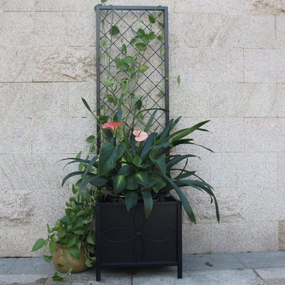 55" Tall Metal Raised Garden Bed With Trellis, 15.75x15.75 Inch Heavy Duty Planter Box For Climbing Plants, Includes Drainage Holes & Fabric Liner