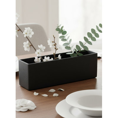  Black Rectangular Lightweight Planter Box, Matte Finish Flower Pot With Drainage Hole & Plug, Weather-Resistant Outdoor Trough For Patio, Balcony, Or Window, 7"W X 23.5"L X 7"H