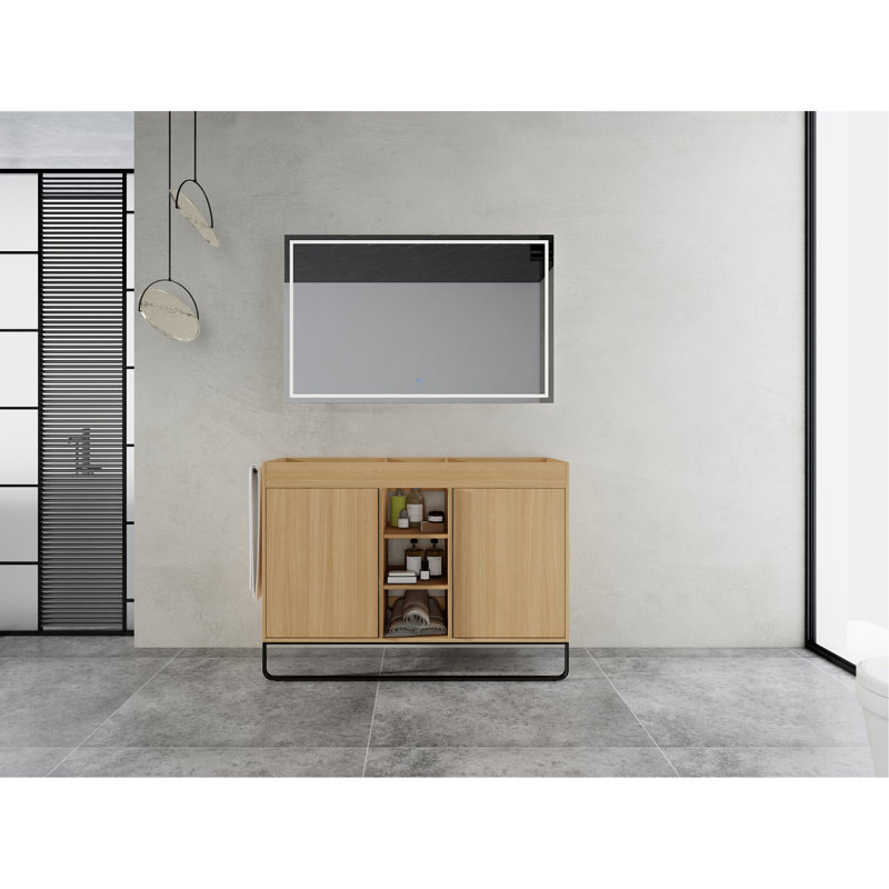 Armoire de salle de bain autoportante, 2 portes à fermeture douce et 3 tablettes de rangement ouvertes, emballage KD (meuble-lavabo seulement, sans lavabo)