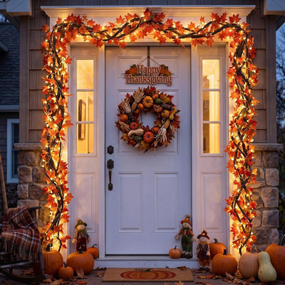 17 Pcs 3D DIY Fall Maple Leaf Garland Set with LED String Lights – Artificial Autumn Vine for Door, Classroom, Fireplace & Thanksgiving Décor