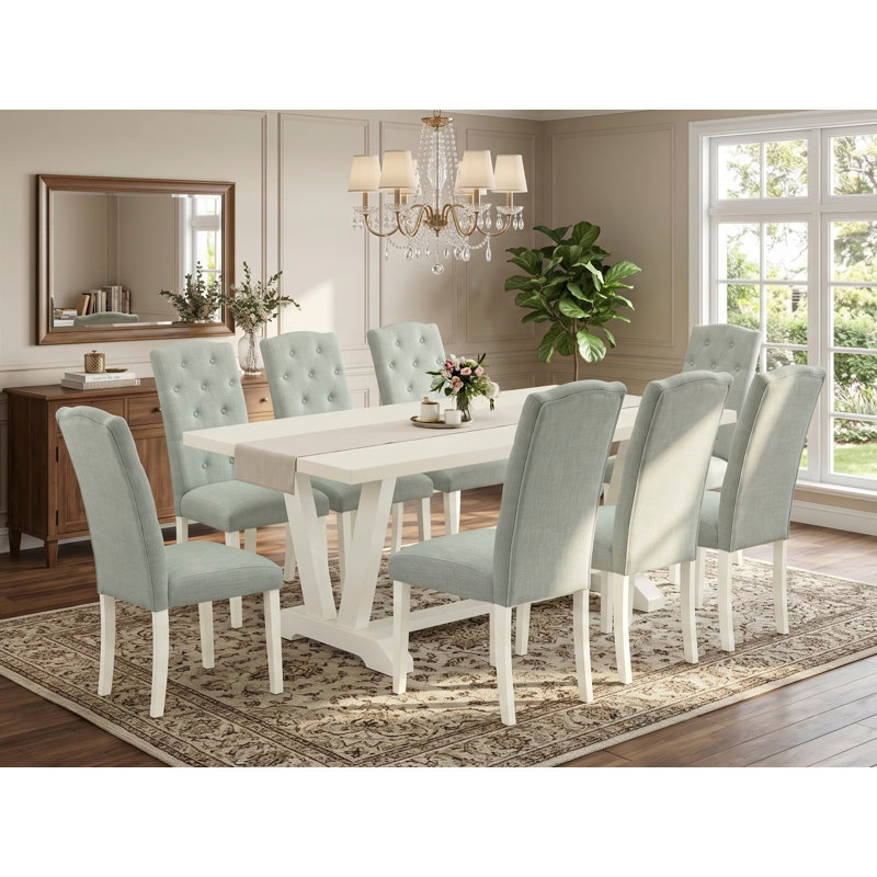Ensemble de table 9 pièces - 8 chaises de cuisine avec siège en lin bleu bébé et dossier capitonné à boutons - Plateau de table rectangulaire en ciment - Lin brossé blanc.
