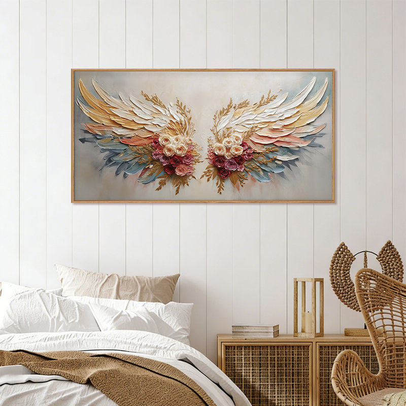 Art mural de grandes ailes d'ange, art mural avec ailes florales artistiques, dessin d'anges avec fleurs