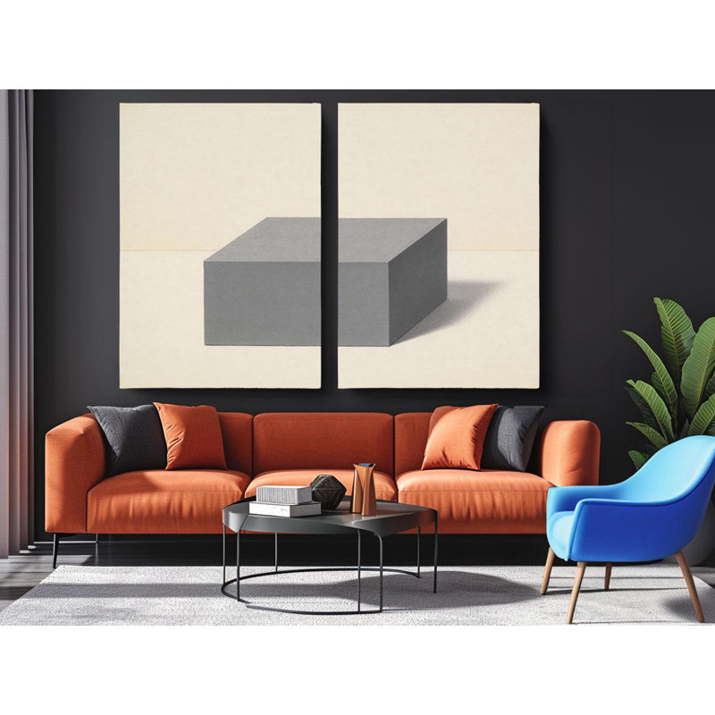 Reproduction d'art minimaliste géométrique sur toile, art mural moderne abstrait en forme de cube, ensemble de 2 tons neutres, décoration contemporaine de style Bauhaus, reproduction de peinture