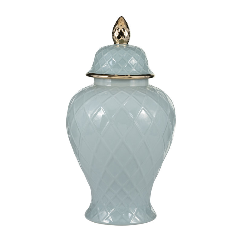 Pot décoratif en céramique avec couvercle Ellport, Bleu / doré, H 20 po x l 11 po x P 11 po