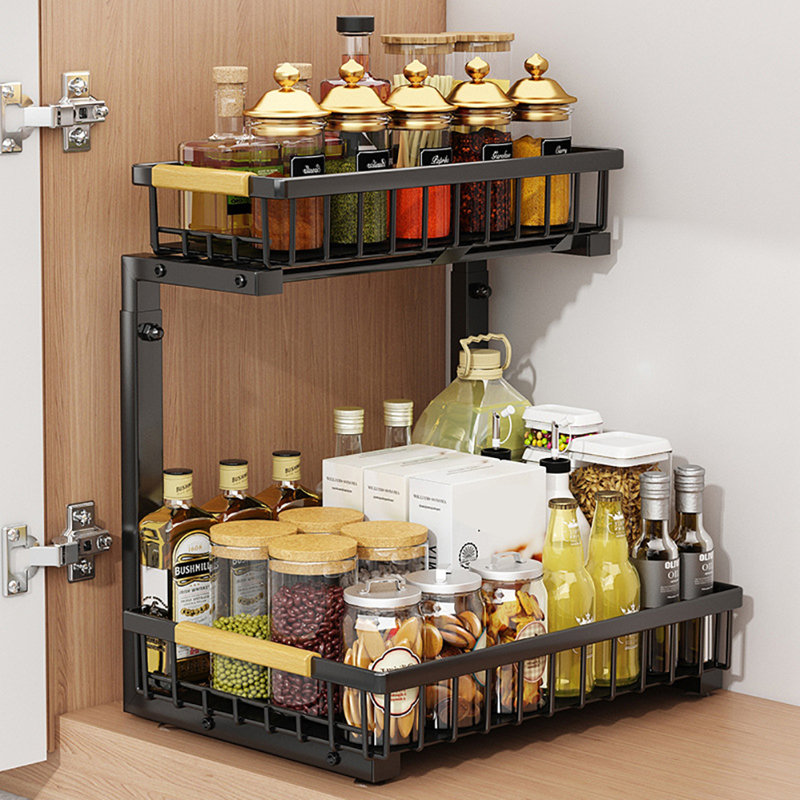 Rangement sous l'armoire à 2 niveaux pour cuisine, hauteur réglable 16,5 à 19,2 po, organisateur de rangement sous évier en acier au carbone - 4 ventouses antidérapantes, organisateur d'armoire escamotable pour la salle de bain