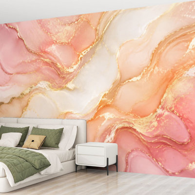 Papier peint adhésif mural auto-adhésif en marbre rose et or rose amovible pour salle de séjour H 69 po x l 96 po