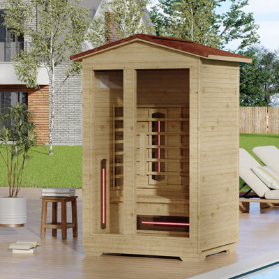 Outdoor Sauna, 2 Person Far Infrared Sauna, 15 to 20 Minutes Warm Up Home Sauna with Heating Tubes & Panels, Wooden Sauna Room with Bluetooth Speaker & Changeable Lighting