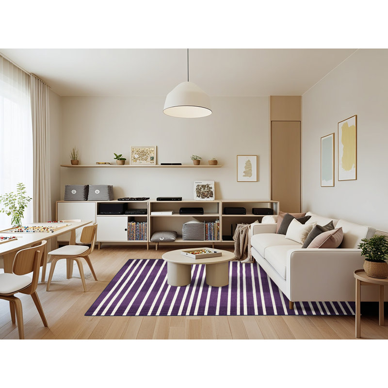 Tapis mauve à rayures horizontales lavable à la machine, Rectangle 7 pi x 9 pi
